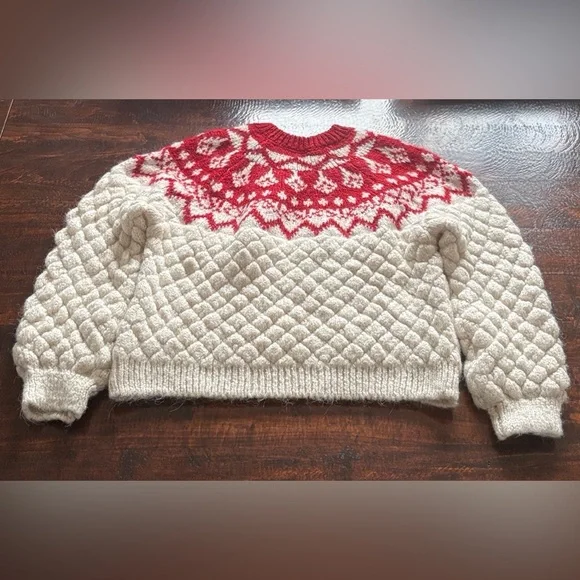 Zara Oversized Knit Jacquard Sweater Ivory Red Size Medium - Picture 8 of 16